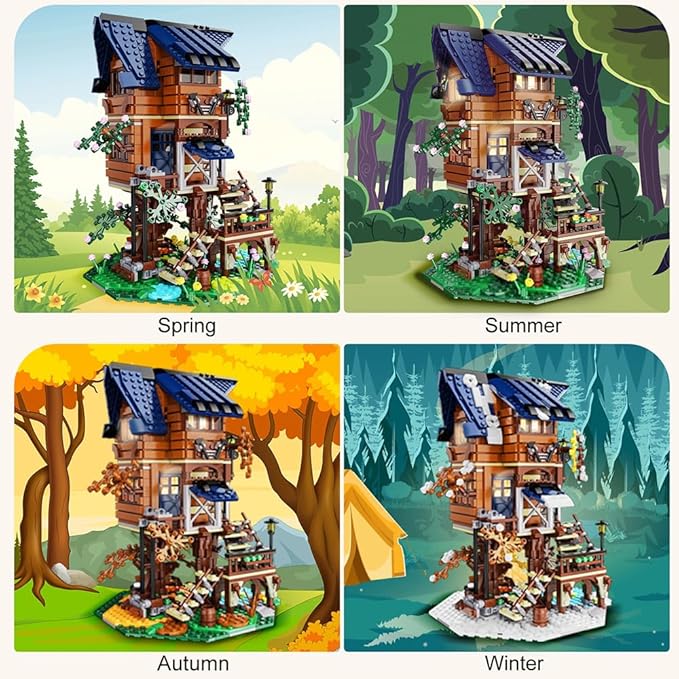 VATOS Tree House STEM Toy, 1155PCS Creative Building Set for Kids with LED Light | 4 Seasons in 1 Treehouse Building Bricks Forest House for 6 7 8 9 10+ Girls Boys Christmas Birthday Gift
