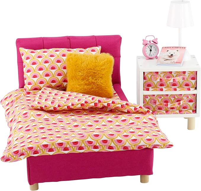 Emily Rose 18" Pink Fabric Bed Bedroom Set with Bedding, Nightstand, Clothes Storage Bins, Working Lamp & Alarm Clock | 14-18 inch Doll Wooden Furniture Gift Set for Little Girls Kids