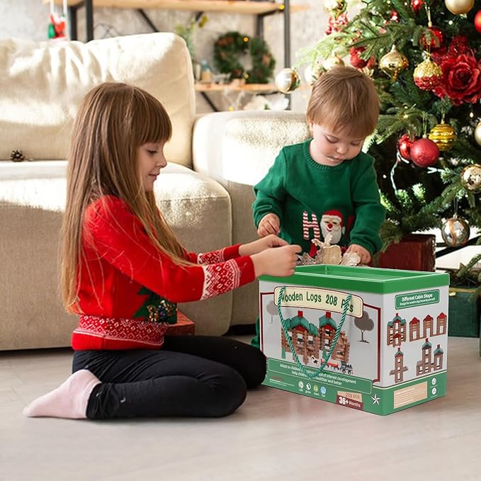 Wondertoys 208 Pcs Wooden Log Set - Classic Building Logs Ages 3+ - Best Retro Building Gift Set for Boys - Creative Construction Engineering Educational Gifts