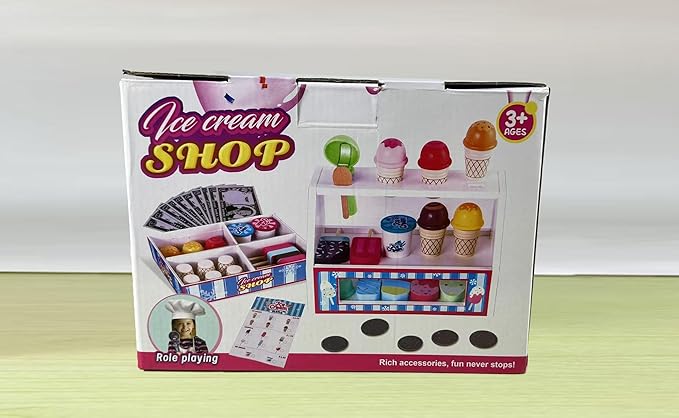 Wooden Ice Cream Toys Kids Toy Food for Toddler Girls 3+, Ice Cream Shop Playset, Pretend Play Kitchen Toys with Display Counter & Fake Money - Wooden Food Toys for 3 4 5 Year Old Girls Boys Birthday