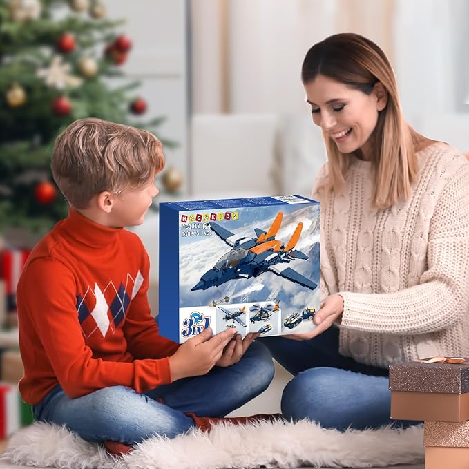 HOGOKIDS 3 in 1 Fighter Jet Plane Building Sets, Military Propeller Aircraft Gunship Building Toys with Vehicle/Rocket Launcher/Speedboat Model Toys, Birthday Gift for Kids, Boys and Girls 10+, 738PCS