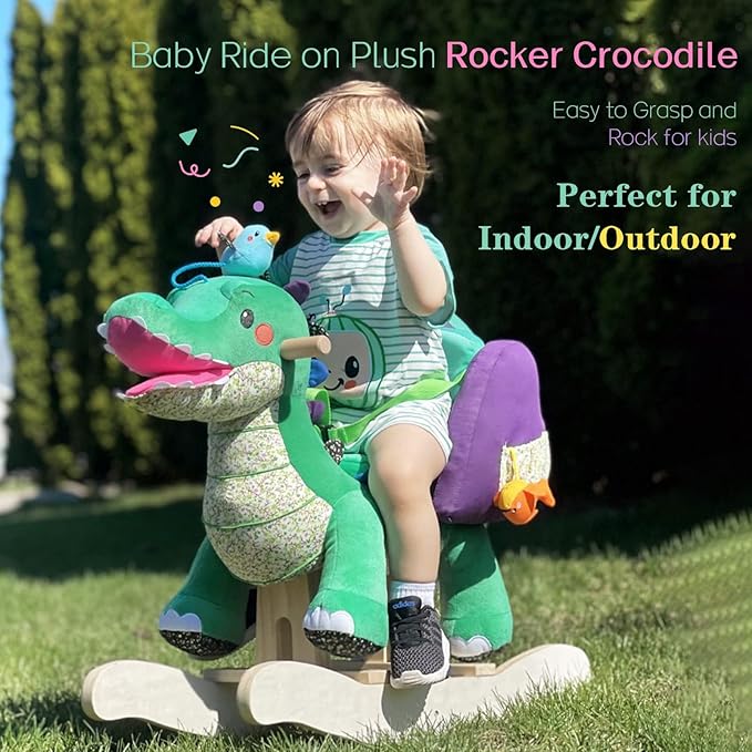 labebe Child Rocking Horse Toy, Stuffed Animal Rocker, Green Crocodile Plush Rocker Toy for Kid 6 Month -3 Years, Wooden Rocking Horse Chair/Rocker/Animal Ride on