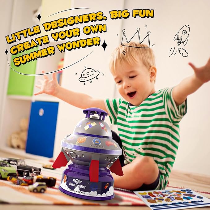 Outdoor Water Sprinkler Toys for Kids, Summer Water UFO Spaceship Rocket Sprinklers Launch Toys with Light, Ideal Holiday Backyard Lawn Yard Game Birthday Gift for Boys Girls 3 Years and Up (Purple)