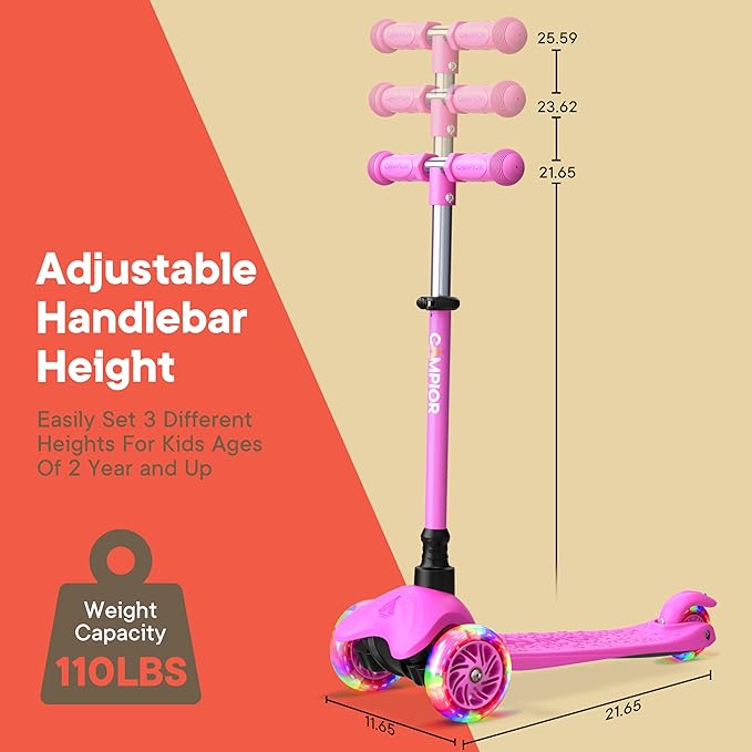 Pink Mini 3 Wheel Scooter for Kids – Lean-to-Steer with LED Light-Up Wheels, Adjustable Handlebar, Wide Anti-Slip Deck, Smooth PU Wheels, Rear Foot Brake – Toddler Scooter for Ages 2+