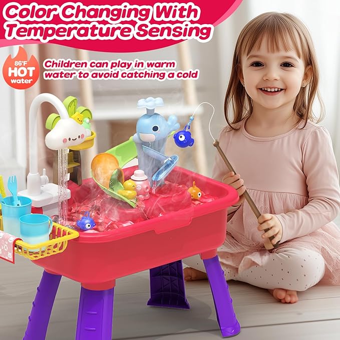 Kitchen Play Sink Toys with Running Water for Kid 4-8,4-in-1 Electric Water Table for Toddlers 1-3 with Water Pump,Animals, Food, Tableware,Color Changing Pretend Role Birthday Toy for Boy and Girl