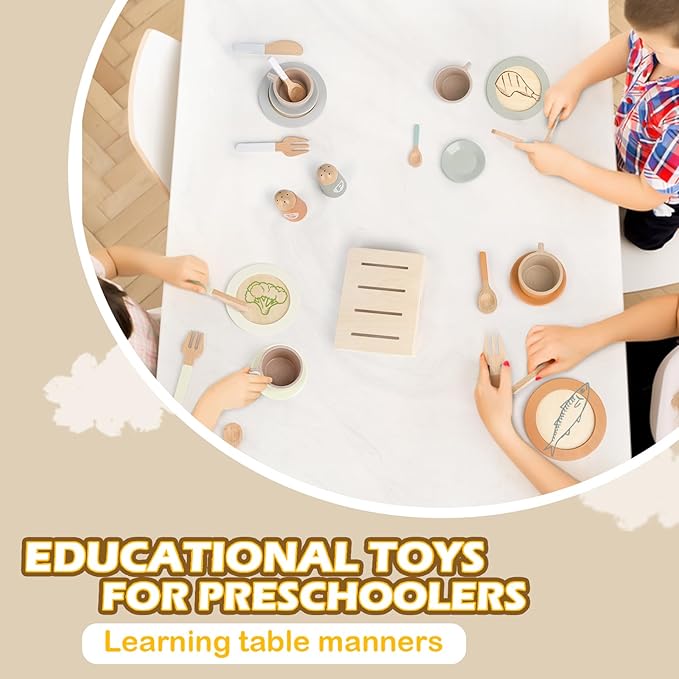 Wooden Play Dishes and Plates for Kids Kitchen Set, 27 PCS Wooden Play Kitchen Accessories, Kitchen Toy for Toddlers Boys Girls 3 4 5 6