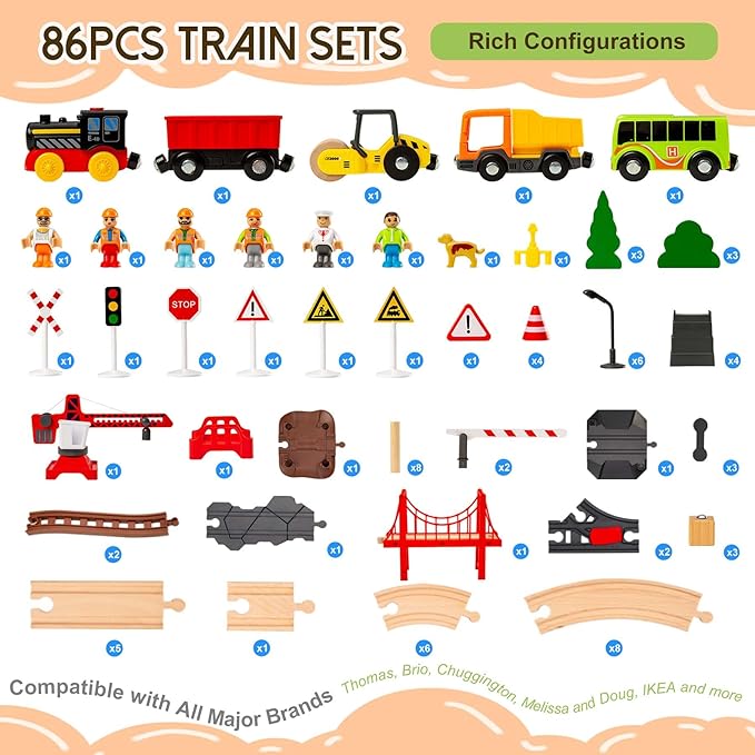 86pcs Wooden Train Set with Crane, Wooden Train Track Set Railway Kits Fits Thomas Brio IKEA Melissa and Doug, Christmas Train Toys for Kids & Toddlers 3-5 Years Old Boys and Girls