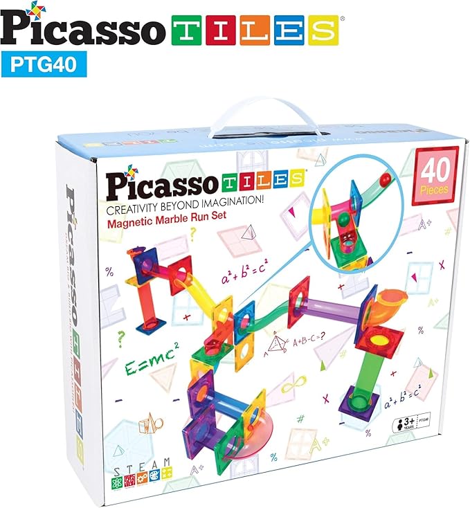 PicassoTiles Marble Run Magnetic Tile Race Track Toy Play Set STEM Building & Learning Early Educational Child Magnet Construction Block Creative Kit Boys & Girls Age 3+ Years Old Toys PTG40