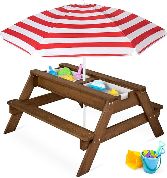 Best Choice Products Kids 3-in-1 Sand & Water Table, Wood Outdoor Convertible Picnic Table w/Umbrella, 2 Trays, Removable Top, 220lb Capacity Per Bench -Walnut/Red