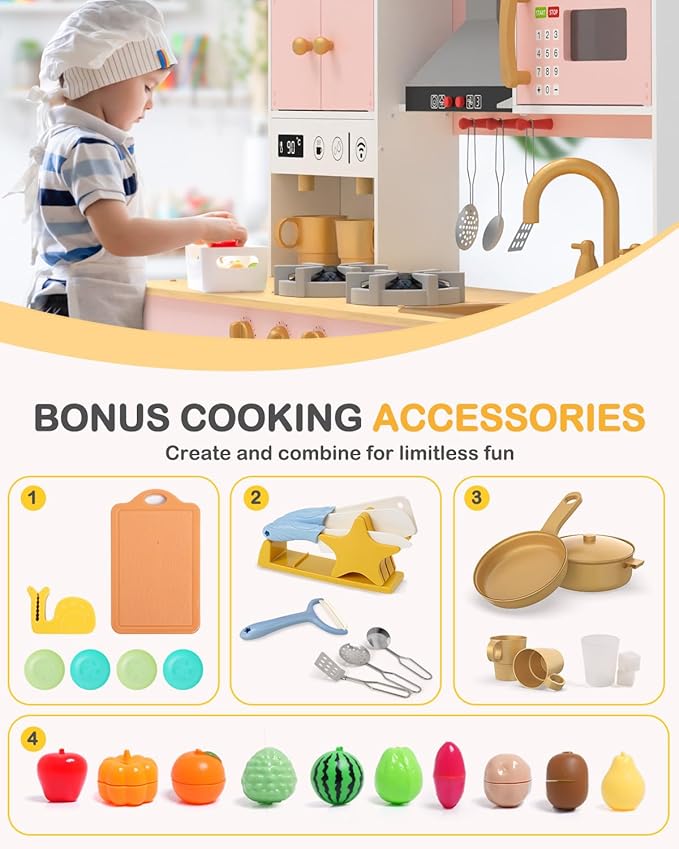 Babytronic Wooden Play Kitchen Set, Pretend Play Kitchen with Lights and Sounds for Kids Ages 3+, Includes Stove, Oven, Microwave, Coffee Maker, and Accessories, Toy Kitchen Set for Toddlers (Pink)