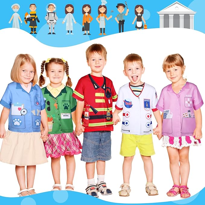 Jiuguva 12 Pcs Kids Role Play Costume Dress up Clothes Cosplay for Kids Community Helper Career Costumes Doctor Construction Workers Fireman Police Career Day Pretend Play