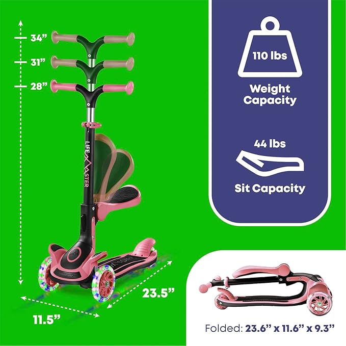 Kids Scooter – Foldable Seat – LED Wheel Lights Illuminate When Rolling – Children and Toddler 3 Wheel Kick Scooter – Adjustable Handlebar – Indoor and Outdoor- by Lifemaster