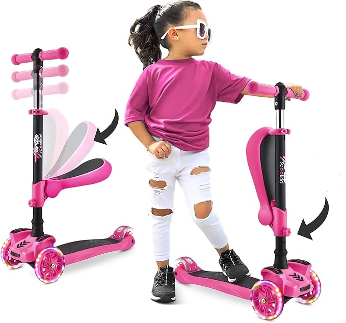 Hurtle 3-Wheeled Scooter for Kids - Wheel LED Lights, Adjustable Lean-to-Steer Handlebar, and Foldable Seat - Sit or Stand Ride with Brake for Boys and Girls Ages 1-14 Years Old