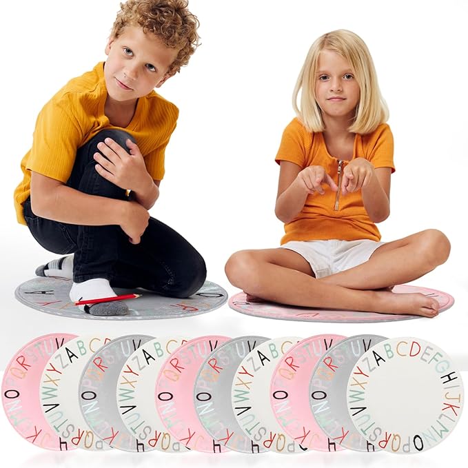 Nuogo 10 Pcs Alphabet Carpet Circle Seats 18 Inches Round Kids Sit Carpet Classroom Dots Floor Mat Soft Classroom Rugs Educational Cushions Furry Crawling Play Mat for Classroom Nursery Bedroom
