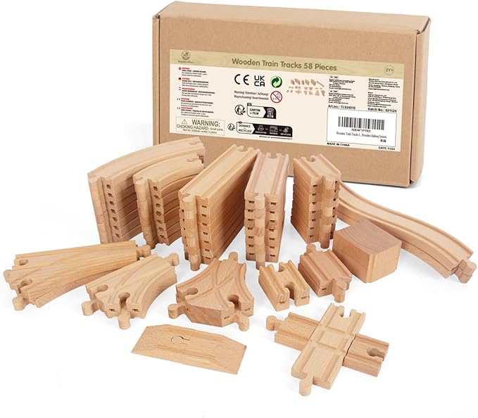 Wooden Train Tracks 58 Piece Set, Track Expansion and 9 Distinct Pieces - 100% Compatible with All Major Brands Including Thomas Wooden Railway System