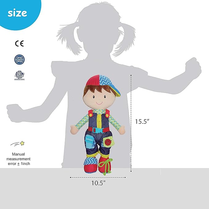 June Garden 15.5" Dressy Friends Lucas - Educational Stuffed Plush Doll for Kids and Toddlers 2 Years and Up - Montessori Buckle Soft Toy