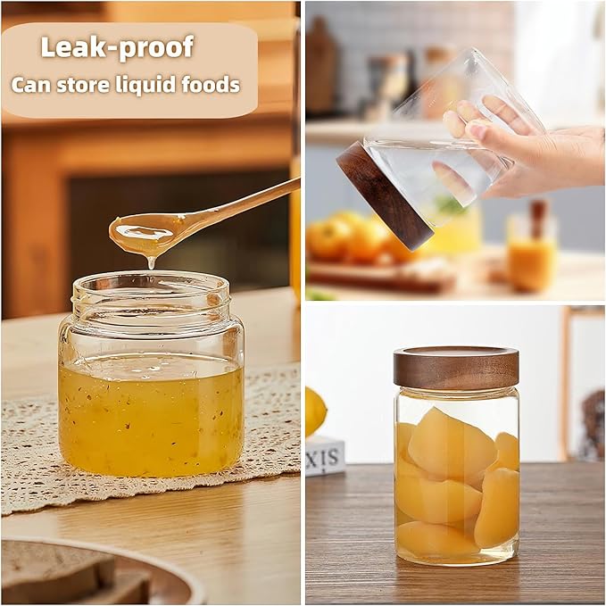 28 Fl oz/850 ml Glass Food Storage Jar, Premium Clear Glass Container Jar with Airtight Wooden Screw Lid, Kitchen Canisters for Coffee,Tea,Pasta,Cookies, Nuts,Spice,Candy,Overnight Oatmeal(Medium)