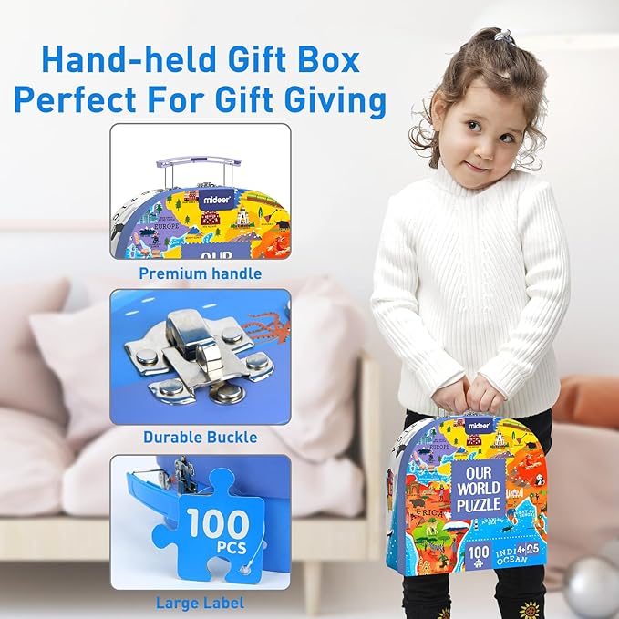 Mideer Floor Puzzle for Kids 4-8, 100 Piece World Map Jigsaw Puzzle with Continents, Geography Educational Toys for Boys and Girls, Globe Atlas Puzzle Maps Preschool Learning Game for Kids Ages 4-6