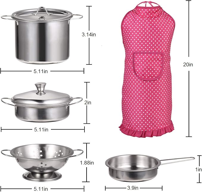 Juboury Kitchen Pretend Play Toys with Stainless Steel Cookware Pots and Pans Set, Cooking Utensils, Apron & Chef Hat, Cutting Vegetables for Kids, Girls, Boys, Toddlers