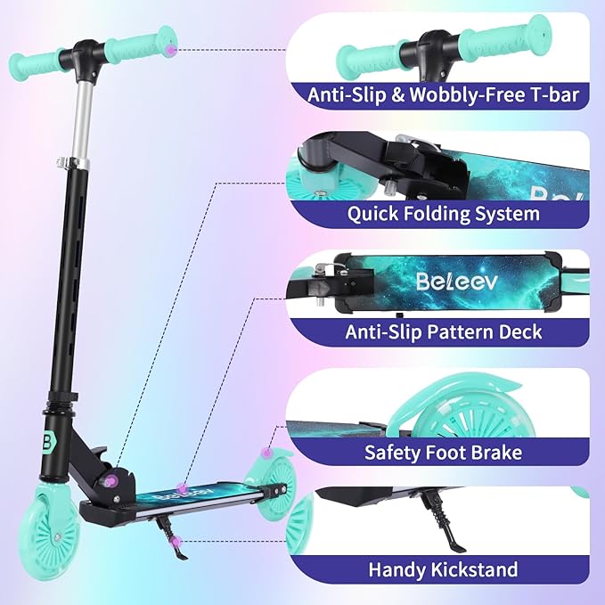 BELEEV V3 Scooter for Kids with Light-Up Wheels & Stem & Deck, 2 Wheel Folding Scooter for Girls Boys, 4 Adjustable Height, Lightweight Kick Scooter with Handy Kickstand for Children Ages 3-12