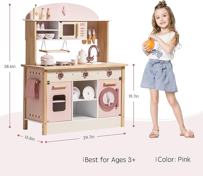 ROBOTIME Wooden Play Kitchen Set, Pretend Play Kitchen Set for Kids with Realistic Design, Kids & Toddlers Kitchen Playset with Dishwasher, Toy Kitchen Set for Boys and Girls Ages 3+ (Pink)