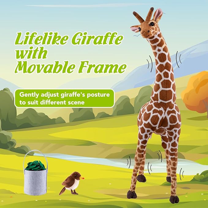 Giant Stuffed Giraffe Animal Set, 47 Inch Large Giraffe Plush Toy for Kids with Bird & Basket & Leaves & Card, Toddler Lifelike Standing Toys Stuffed Animal Gift for Girls Boys