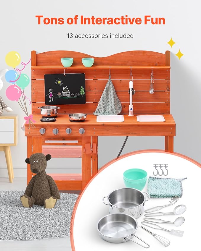 VEVOR Mud Kitchen for Kids, Wooden Toy Play Kitchen Set, Outdoor Toddler Grocery Store Playset for Boys & Girls, Pretend Play Kitchen with Stoves, Sink, Faucet, Blackboard, Cookware Pots, Accessories