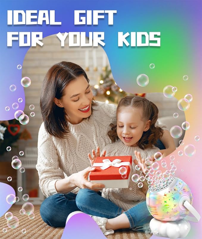 Rechargeable Bubble Machine with Colorful LED Light - Make Large Bubbles - 600mL Automatic Bubble Maker for Kids - Outdoor Party Birthday Easter Toys Gifts for Toddlers Ages 3+ Boys Girls