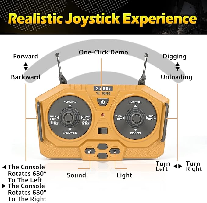 Remote Control Excavator Toys for Boys Turns 680-degree 2 Batteries Metal Shovel Lights/Sounds Construction Toys Birthday Gifts Boy Toys for 3 4 5 6 7 8 Years Old