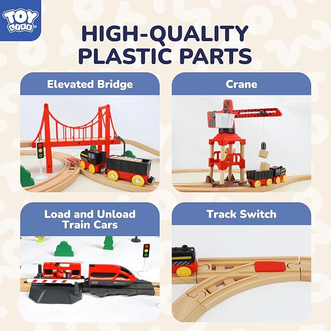 TOY Life 80pcs Wooden Train Set for Kids 3-8, Compatible with Thomas, Brio, Fits HO Scale, Modern Style, Unisex, Ages 3+