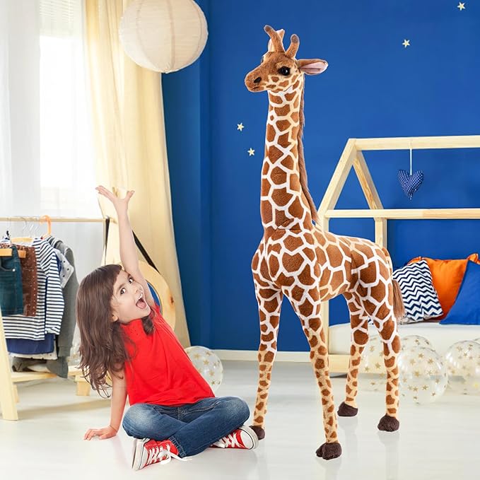 Giant Stuffed Giraffe Animal Set, 47 Inch Large Giraffe Plush Toy for Kids with Bird & Basket & Leaves & Card, Toddler Lifelike Standing Toys Stuffed Animal Gift for Girls Boys