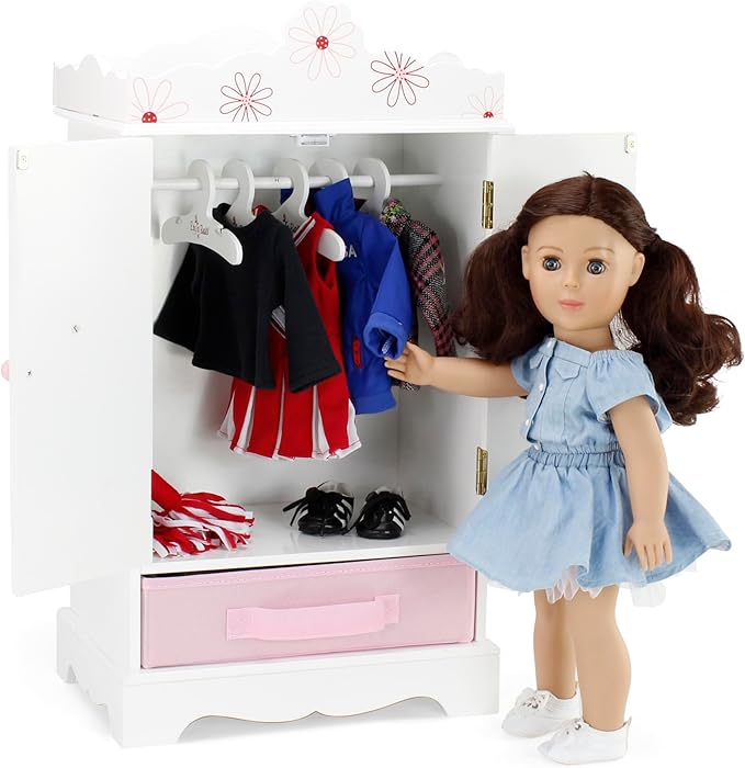 Emily Rose 18 Inch Doll Clothes Wooden Storage Closet Cabinet with 5 Clothing Hangers - Fits 18" American Girl Doll Clothes and Accessories l Miniature Bedroom Armoire Furniture Gift Playset (Floral)