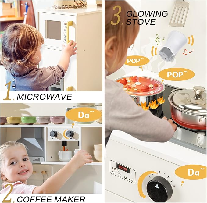 Deli Kids Kitchen Playset, Realistic Wooden Kitchen Playset for Toddlers & Kids with Lights, Sounds & Storage, Ideal Gift for Boys & Girls