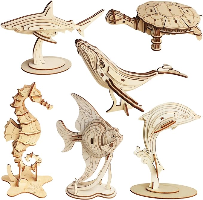 3D Wooden Sea Animal Puzzle - 6 Piece Set Wood Sea Animals Skeleton Assembly Model Kits - Wooden Crafts DIY Brain Teaser Puzzle - STEM Toys Gifts for Kids and Adults Teens Boys Girls