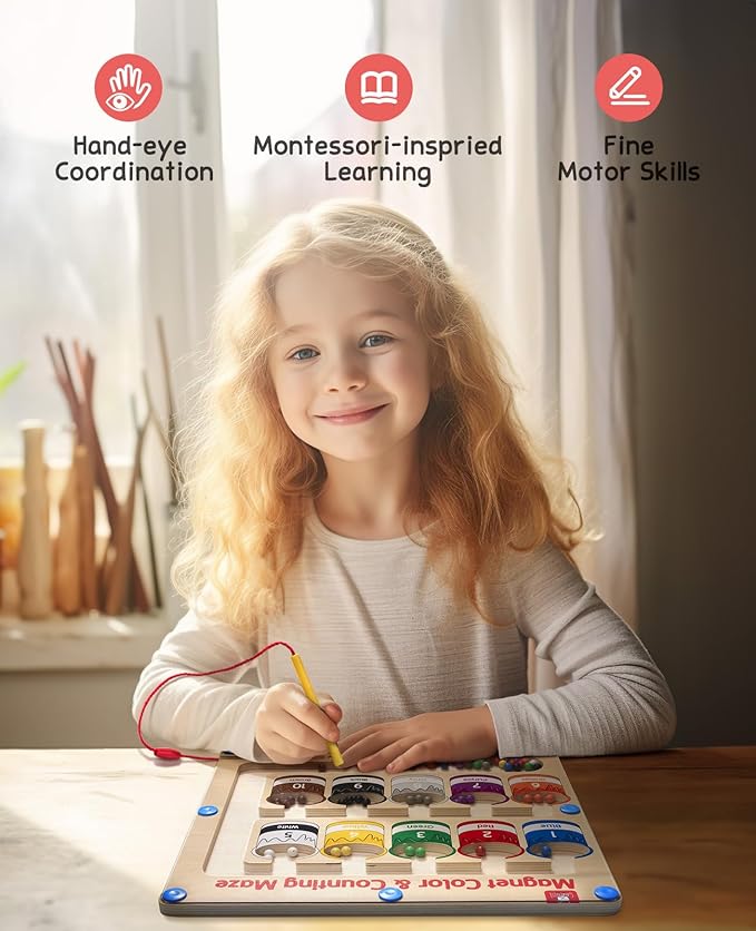 GAMENOTE Magnetic Color and Number Maze - Educational Fine Motor Skills Toys for Boys Girls 3 4 5 Years Old, Wooden Color Matching Learning Counting Toddler Puzzle Board