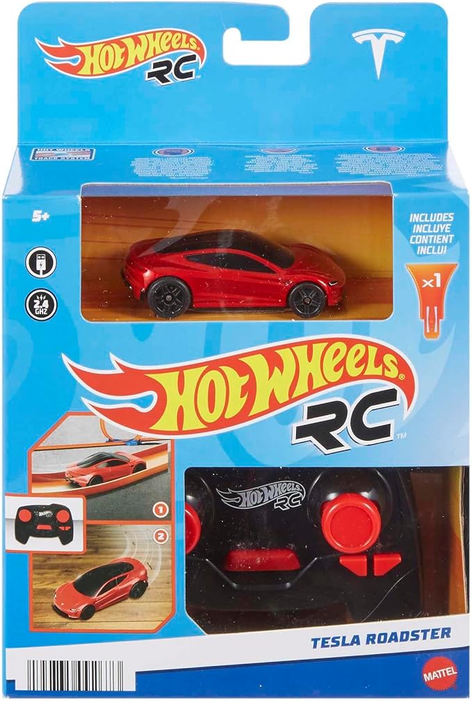 Hot Wheels Toy Car RC Tesla Roadster in 1:64 Scale, Remote-Control Vehicle with Controller & USB Cable, Works On & Off Track
