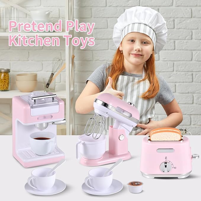 Play Kitchen Toys Kids Accessories Pretend Play Appliances Toy Set with Coffee Maker, Mixer, Toaster for Kids Toddler Kitchen Playset Ages 4-8 Girls (Pink)