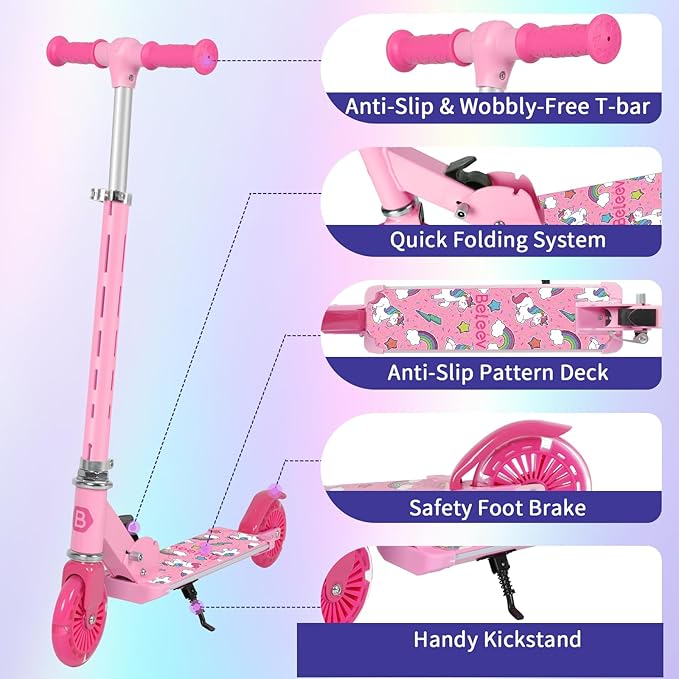 BELEEV V3 Scooter for Kids with Light-Up Wheels & Stem & Deck, 2 Wheel Folding Scooter for Girls Boys, 4 Adjustable Height, Lightweight Kick Scooter with Handy Kickstand for Children Ages 3-12