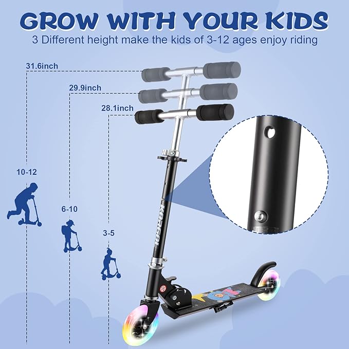 Scooter for Kids Ages 3-12 - Kids Kick Scooters with Led Light Up Wheels & 3 Levels Adjustable Handlebar, Lightweight Foldable 2 Wheel Girly Pink Scooter Christmas Birthday for Girls Boys.