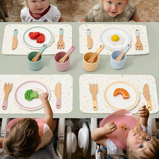 Wooden Play Kitchen Accessories Toys for Toddlers 3-5, Kids Play Kitchen with Realistic Plates & Dishes & Tableware, Montessori Pretend Christmas Birthday Gifts for 3 4 5 6 Years Girls Boys