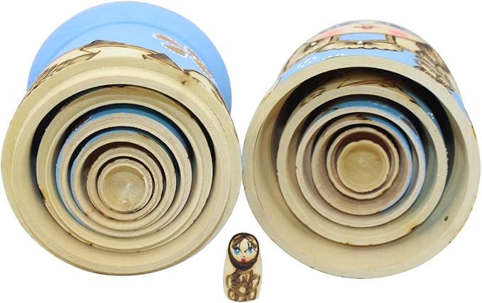 Winterworm® Cute Little Girl with Big Braid Handmade Matryoshka Wishing Dolls Russian Nesting Dolls Set 7 Pieces Wooden Kids Gifts Toy Home Decoration Sky Blue