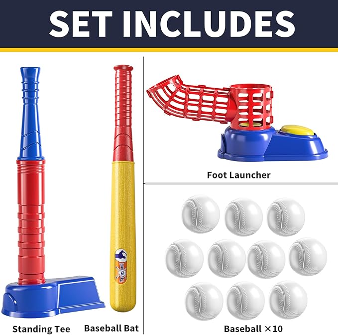 TEMI 2 in 1 Tee Ball Set for Kids 3-8, Kids Baseball T-Ball Set with 10 Balls, Step on Pitching Machine, Batting Tee, Outdoor Sport Toy Games for 3-12 Year Old Boys Girls Toddler