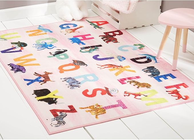 Eric Carle Elementary Pink Alphabet Kids Machine Washable Area Rug Pink/Blue, 4'11"x6'6"
