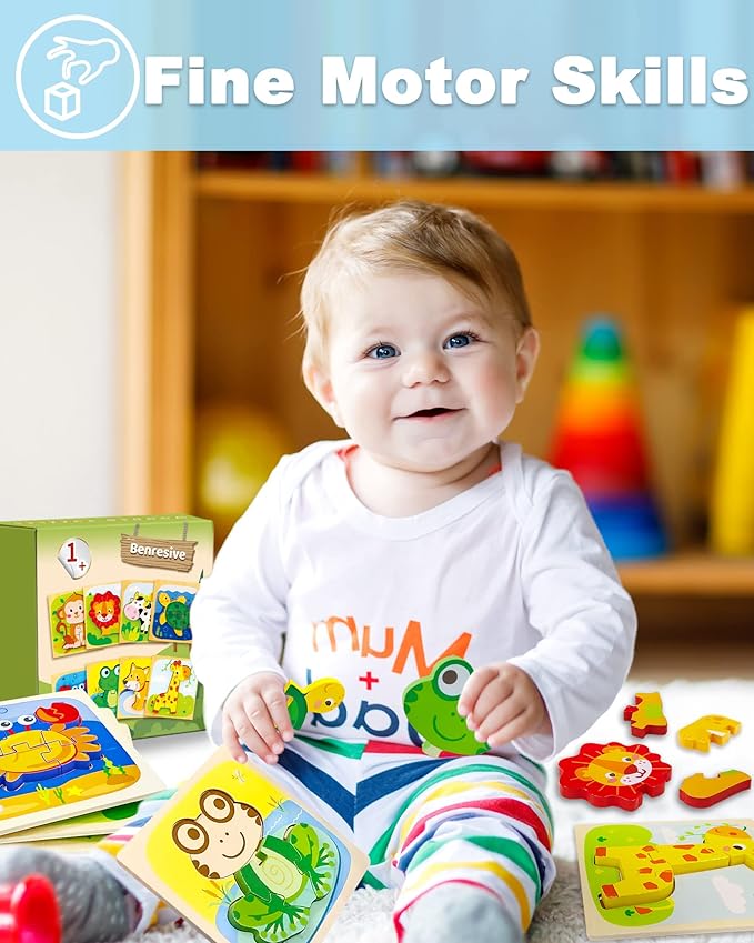 Benresive Wooden Toddler Puzzles Ages 1-3, Montessori Toys for 1 2 3 Year Old Boys Girls, 8 Pack Animal Toddler Toys Gifts for 1 2 3 Year Old Boys Girls, Learning Educational Preschool Puzzles