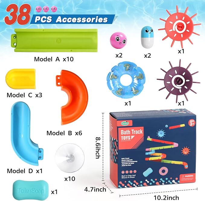 Bath Toys for Kids Ages 3-5 4-8 Toddler Bath Toys 38 PCS Bathtub Shower Toys DIY Water Marble Run Slippery Slide Birthday Gift for 2 3 4 5 6 7 8 Year Old Boys Girls