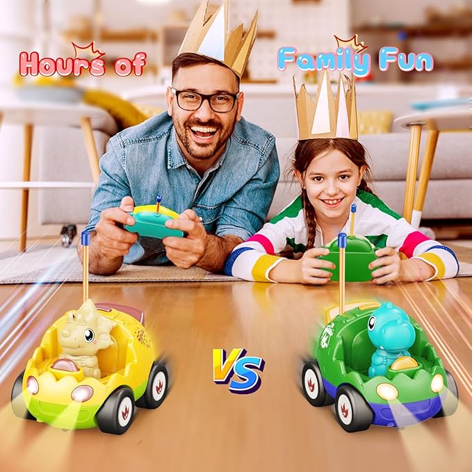 2 Pack Dinosaur Toys for Toddlers 2 3 4 5 6 Years Old - Remote Control Cars RC Cars with Music, Lights and Sound Effect, Birthday Toys for Boys Kids(Yellow Green)