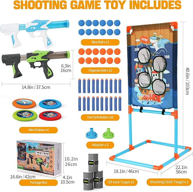 Shooting Games for Kids - 2 Player Air Guns, Shooting Target, 24 Foam Balls, Foam Darts, Oil-Tank Targets, Flying Discs - Shooting Toys Gifts for Boys Kids Adults Age 5 6 7 8 9 10 11 12+