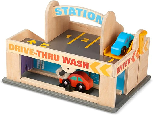 Melissa & Doug Service Station Parking Garage With 2 Wooden Cars and Drive-Thru Car Wash (SIOC)