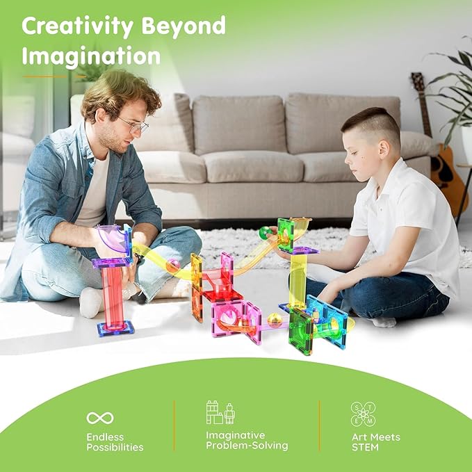 PicassoTiles Marble Run Magnetic Tile Race Track Toy Play Set STEM Building & Learning Early Educational Child Magnet Construction Block Creative Kit Boys & Girls Age 3+ Years Old Toys PTG40