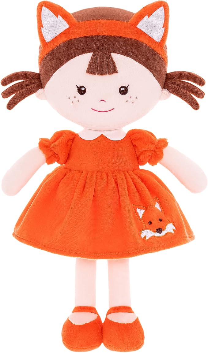 Onetoo First Baby Doll Plush Rag Dolls Sleeping Cuddle Buddy Dolls Soft Baby Doll for Girls Wear Fox Costume Reddish Brown Dress14(Milly Series)